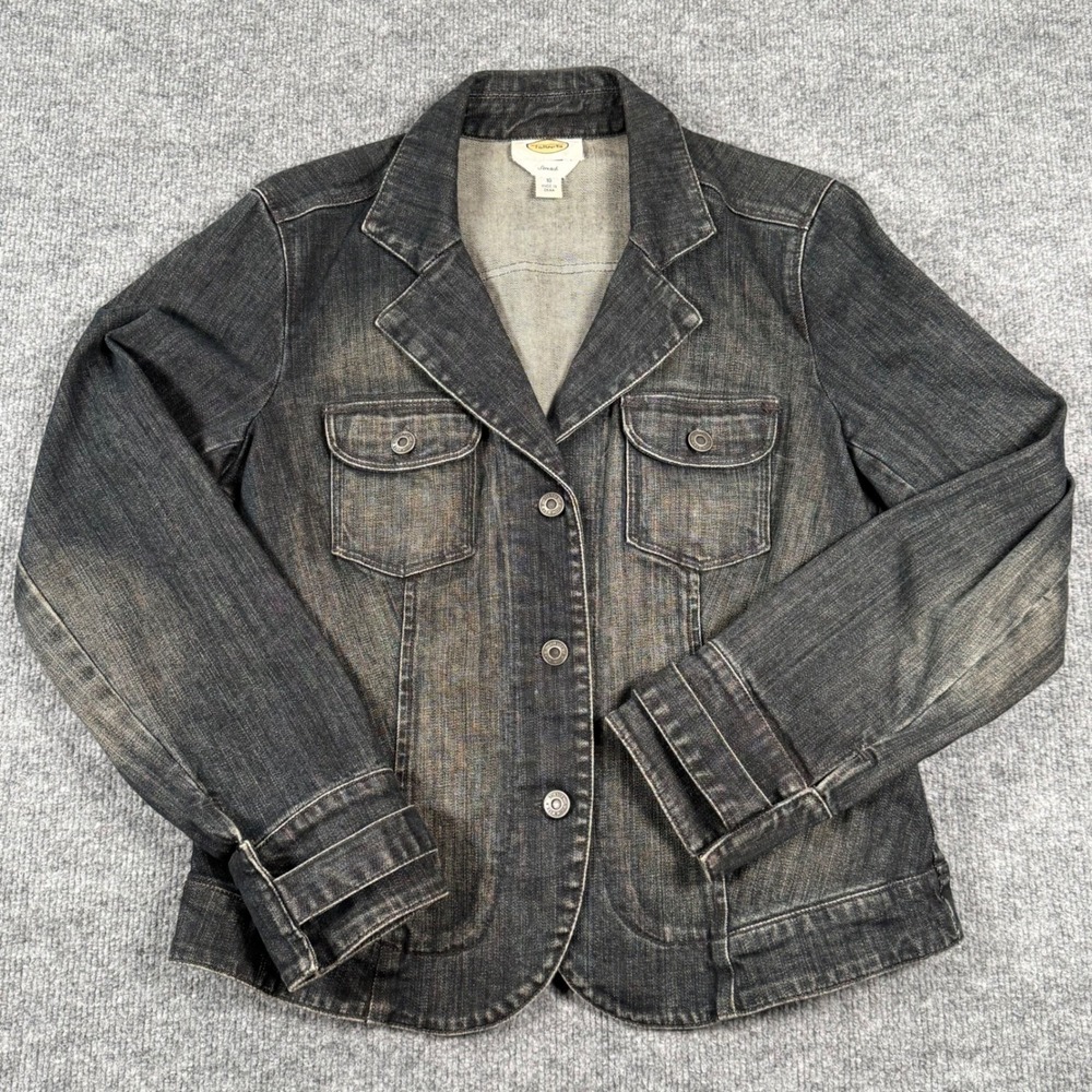 Y2K Talbots 10 Stretch Denim Blazer Jean Jacket Dark Wash Button Front Retro 90s